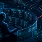 Editorial cybersecurity illustration of an AI coding agent and hidden runtime command path