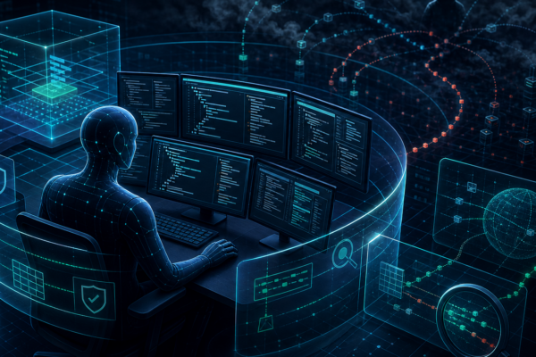 Editorial cybersecurity illustration of an AI coding agent and hidden runtime command path