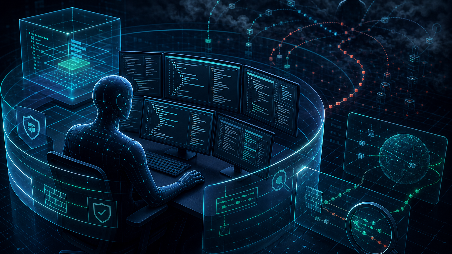 Editorial cybersecurity illustration of an AI coding agent and hidden runtime command path