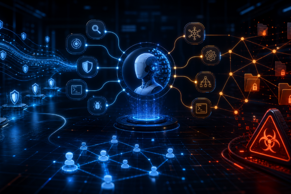 Editorial illustration of AI-assisted ransomware tooling testing EDR evasion and Active Directory discovery workflows.