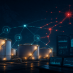 Industrial fuel storage tanks and monitoring screens representing cyber risk to automatic tank gauge systems.