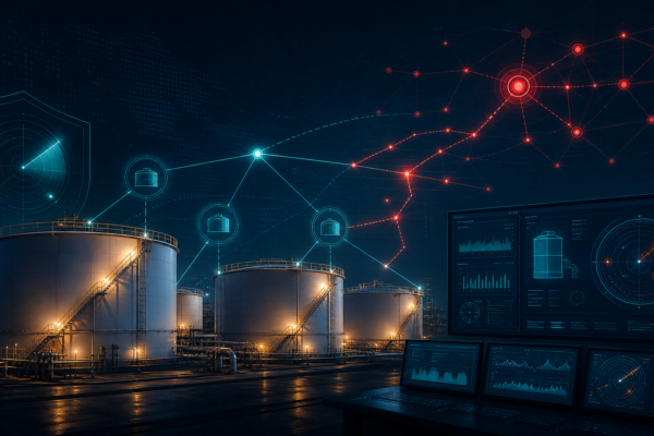 Industrial fuel storage tanks and monitoring screens representing cyber risk to automatic tank gauge systems.