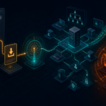 Editorial cybersecurity illustration of SEO poisoning leading to BumbleBee malware, AdaptixC2 command and control, and Akira ransomware impact.