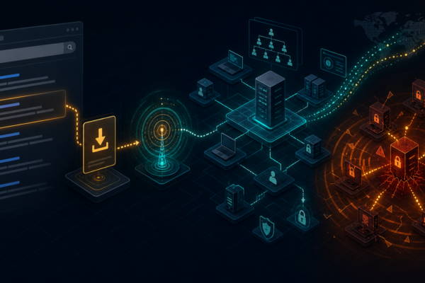Editorial cybersecurity illustration of SEO poisoning leading to BumbleBee malware, AdaptixC2 command and control, and Akira ransomware impact.