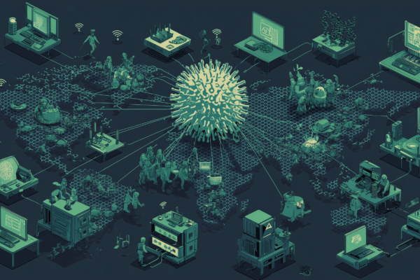 Editorial cybersecurity illustration of IoT botnet activity spreading through vulnerable routers and embedded devices.