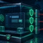 Professional cybersecurity illustration of an AI chat system protected by locked-down network egress controls.
