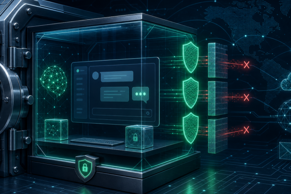 Professional cybersecurity illustration of an AI chat system protected by locked-down network egress controls.