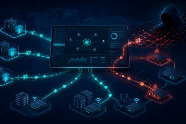 Professional cybersecurity illustration of SD-WAN edge controllers and managed network devices under active exploitation review.