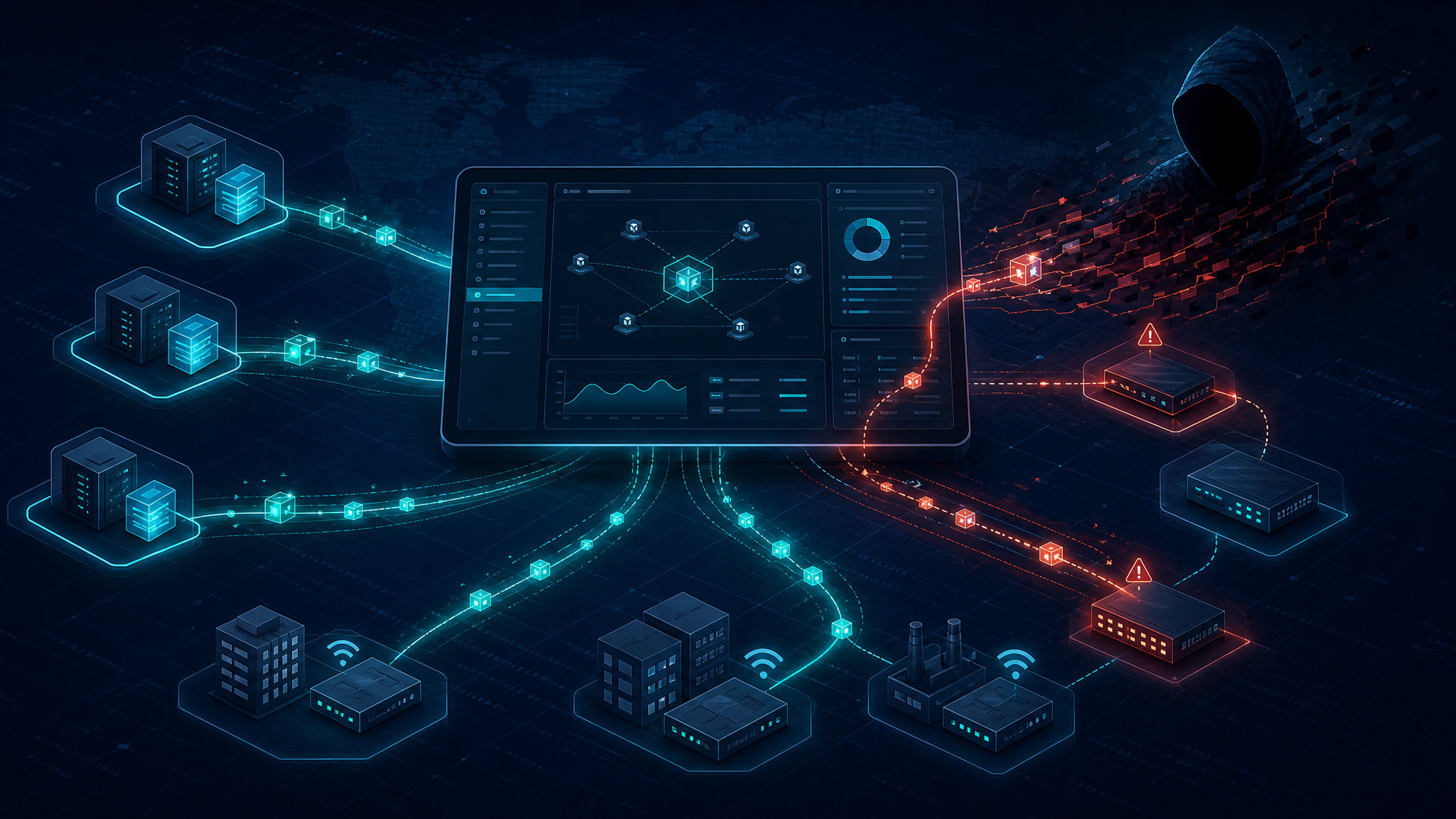 Professional cybersecurity illustration of SD-WAN edge controllers and managed network devices under active exploitation review.