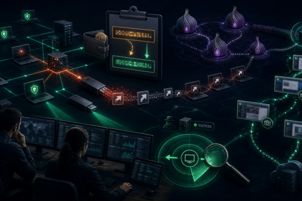 Editorial cybersecurity illustration of a Tor-based crypto clipper spreading through USB shortcuts and stealing clipboard wallet data.