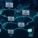 Editorial cybersecurity illustration of global smishing infrastructure hidden behind fake web error pages.