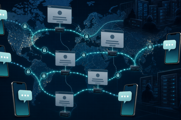 Editorial cybersecurity illustration of global smishing infrastructure hidden behind fake web error pages.