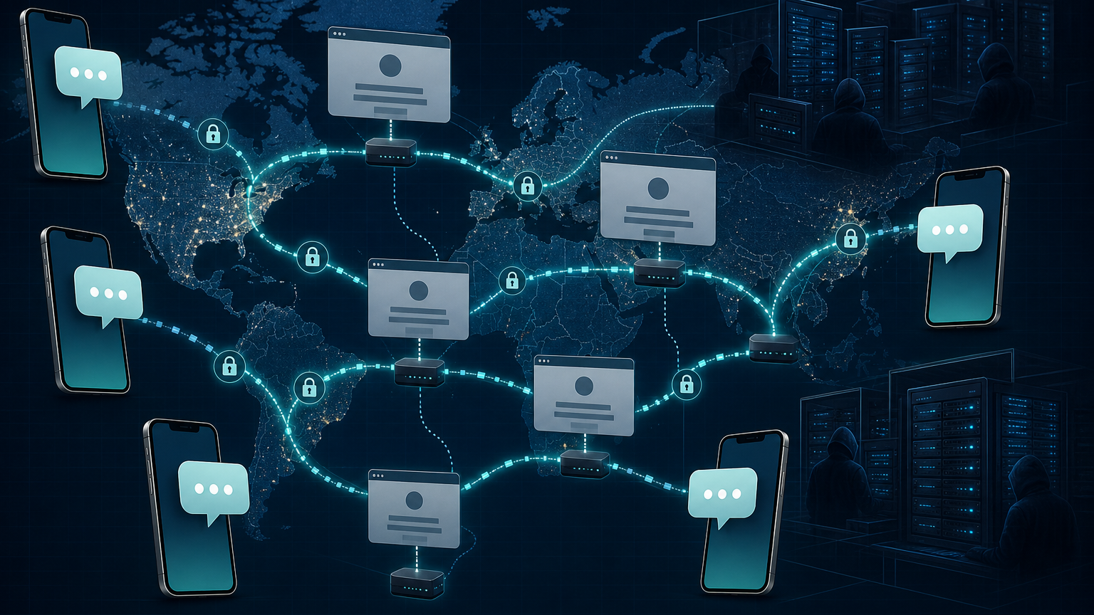 Editorial cybersecurity illustration of global smishing infrastructure hidden behind fake web error pages.