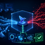 Editorial cybersecurity illustration of a segmented logging pipeline and Fluentd collector defense