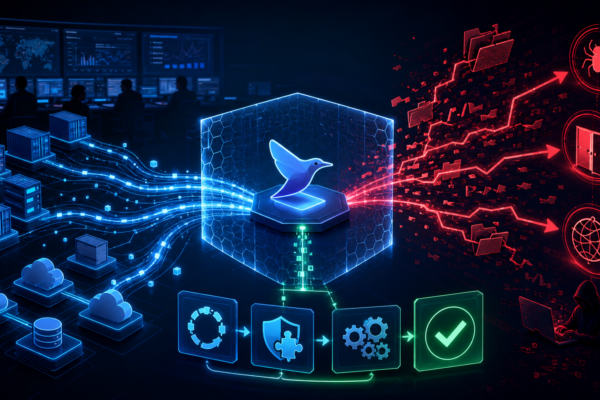 Editorial cybersecurity illustration of a segmented logging pipeline and Fluentd collector defense