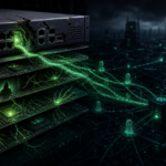 Editorial cybersecurity illustration of compromised firewall perimeter devices leaking credential streams into command infrastructure.