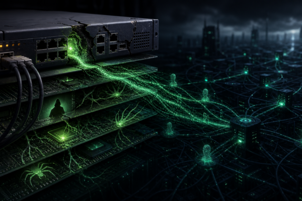 Editorial cybersecurity illustration of compromised firewall perimeter devices leaking credential streams into command infrastructure.