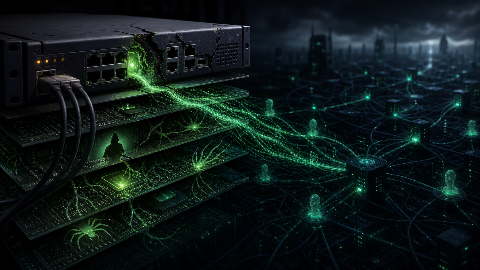 Editorial cybersecurity illustration of compromised firewall perimeter devices leaking credential streams into command infrastructure.