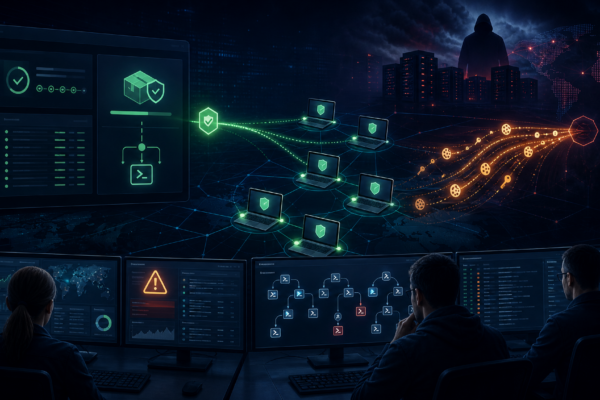 Editorial cybersecurity illustration of FortiClient EMS exploitation delivering an infostealer through endpoint management workflows.
