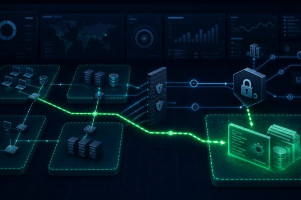 Editorial cybersecurity illustration of FortiPortal API access-control risk exposing network configuration data.
