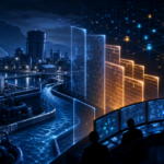 Abstract cybersecurity illustration of protected water utility IT and OT network segmentation.