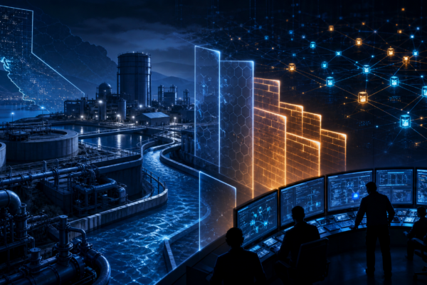 Abstract cybersecurity illustration of protected water utility IT and OT network segmentation.