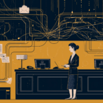Editorial cybersecurity illustration of a hotel front desk system targeted by photo ZIP phishing and Node.js implant activity.