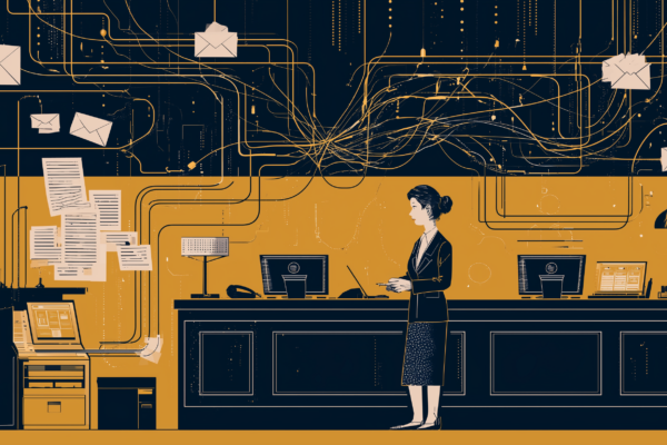 Editorial cybersecurity illustration of a hotel front desk system targeted by photo ZIP phishing and Node.js implant activity.