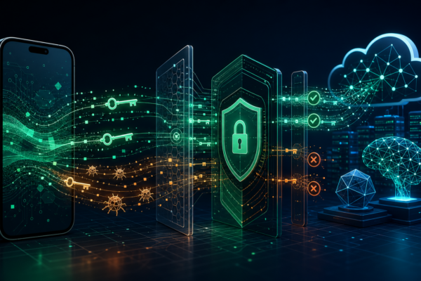 Editorial cybersecurity illustration of a smartphone leaking AI API keys into cloud services while an authenticated gateway blocks abuse.