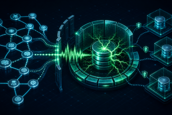 Abstract cybersecurity illustration of AI agent memory, database checkpoints, and remote code execution risk.