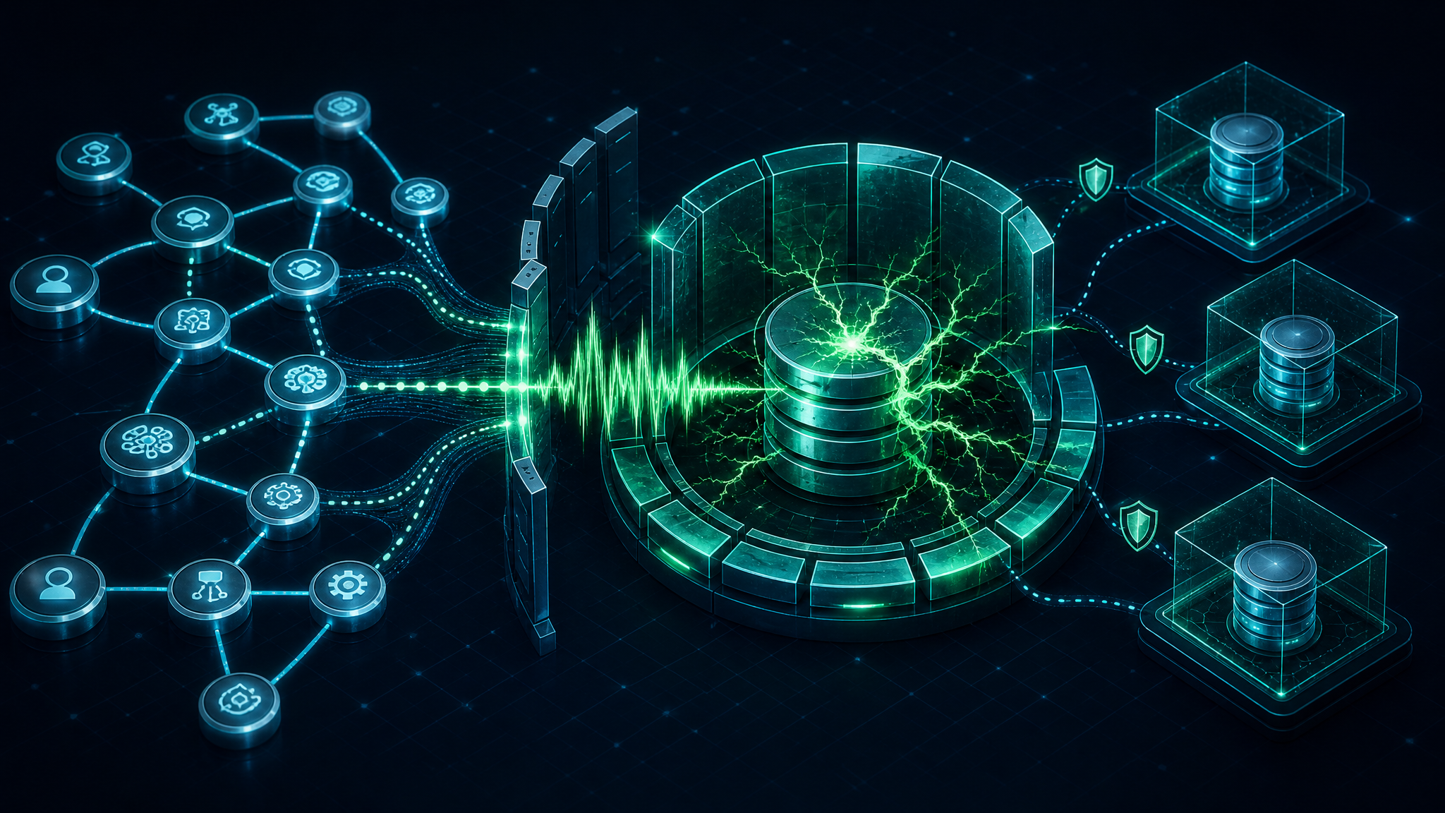 Abstract cybersecurity illustration of AI agent memory, database checkpoints, and remote code execution risk.