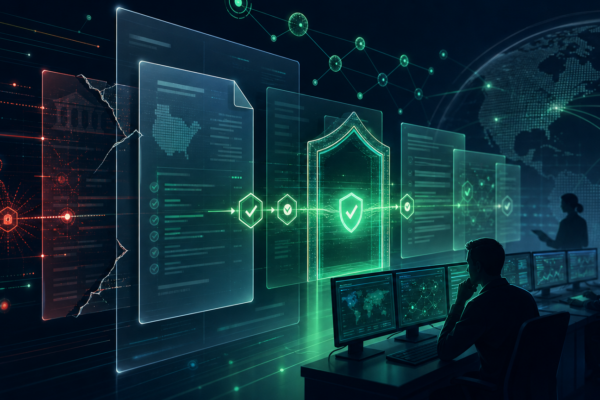 Editorial cybersecurity illustration of a government breach notification portal being checked for fake disclosure submissions.