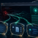 Editorial cybersecurity illustration showing an AI browser extension side panel exposing authenticated web sessions.