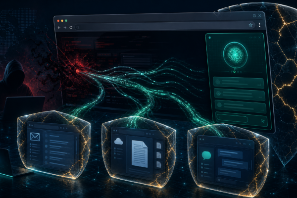 Editorial cybersecurity illustration showing an AI browser extension side panel exposing authenticated web sessions.
