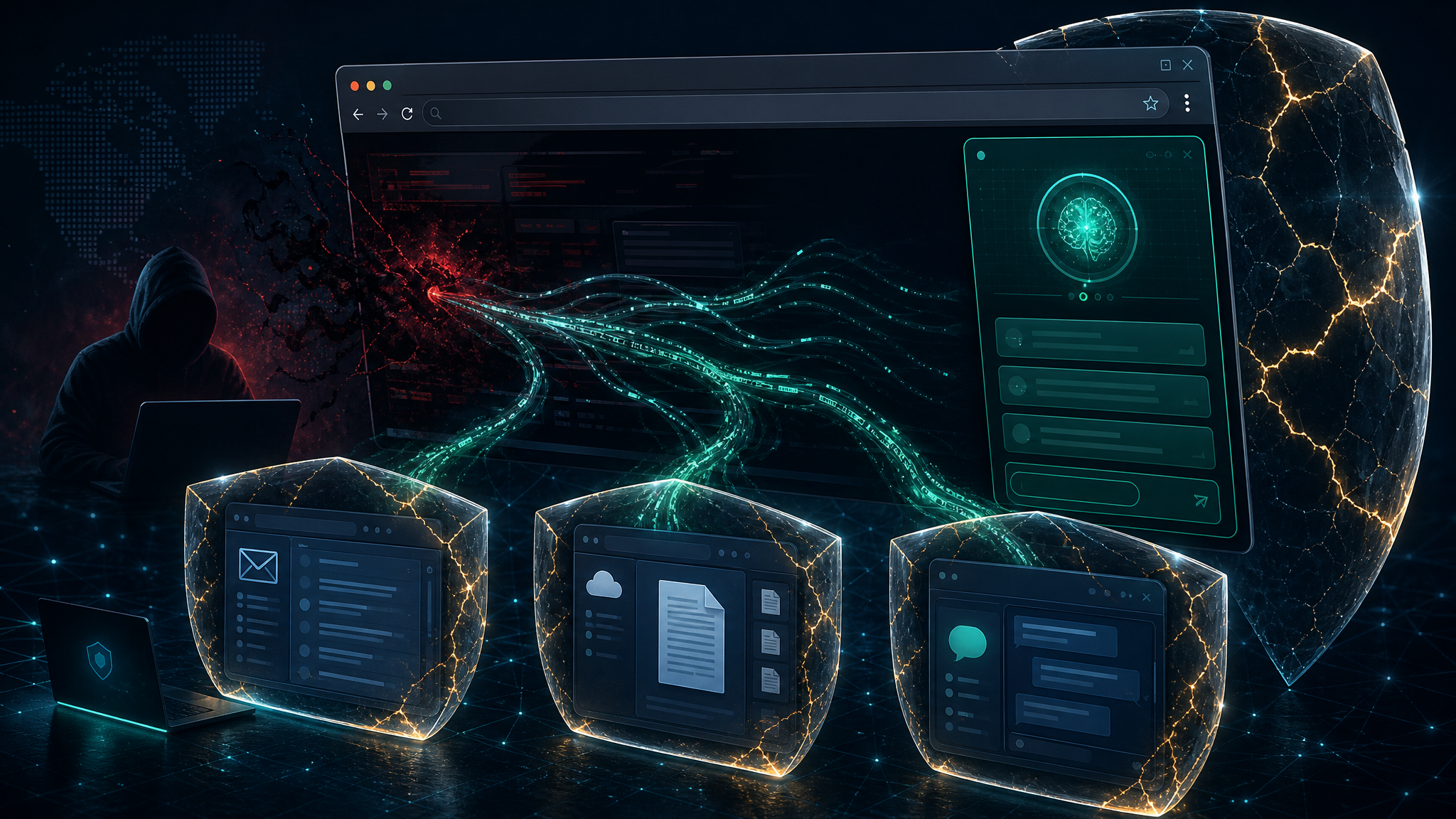 Editorial cybersecurity illustration showing an AI browser extension side panel exposing authenticated web sessions.