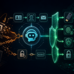 Editorial cybersecurity illustration of AI support bot account recovery abuse defended by passkeys and MFA
