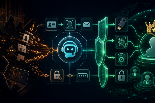 Editorial cybersecurity illustration of AI support bot account recovery abuse defended by passkeys and MFA