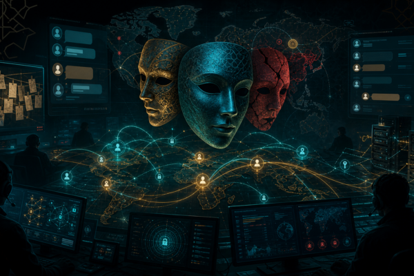 Editorial cyber threat intelligence illustration of MuddyWater using ransomware branding as a false flag.