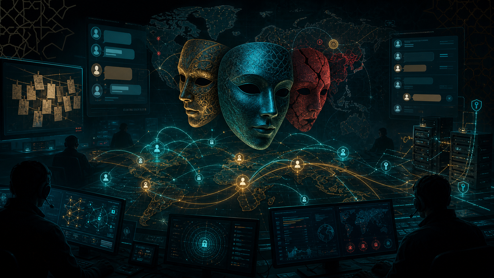 Editorial cyber threat intelligence illustration of MuddyWater using ransomware branding as a false flag.