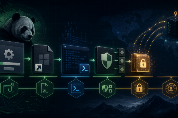 Editorial cybersecurity illustration of Mustang Panda PlugX fake browser updater intrusion chain