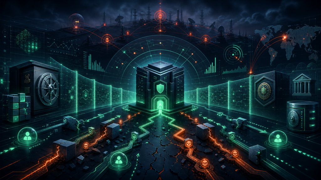 Editorial cybersecurity illustration of Oracle PeopleSoft exploitation and defensive monitoring around regulatory data systems