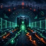 Editorial cybersecurity illustration of Oracle PeopleSoft exploitation and defensive monitoring around regulatory data systems