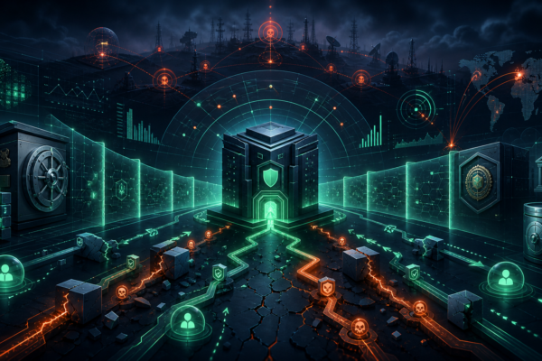 Editorial cybersecurity illustration of Oracle PeopleSoft exploitation and defensive monitoring around regulatory data systems