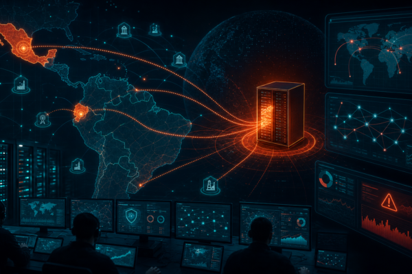 Editorial cybersecurity illustration of Operation Escaneo targeting Latin American edge infrastructure and critical networks.