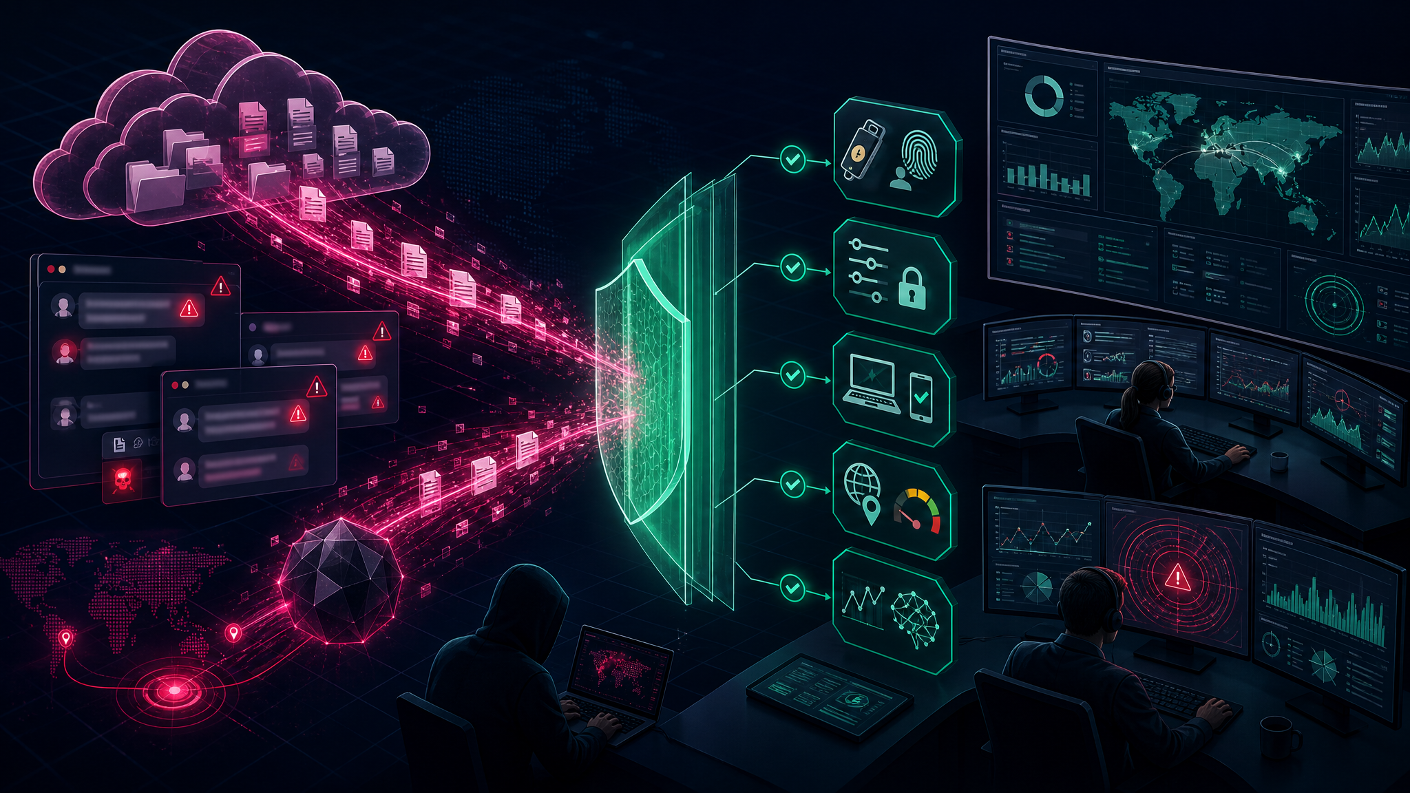 Editorial cybersecurity illustration of Pink CL-CRI-1147 Microsoft 365 vishing extortion and cloud data defense.