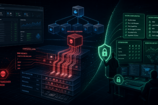 Editorial cybersecurity illustration showing Portainer container management risk and host takeover controls.