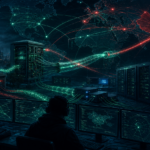 Editorial cybersecurity illustration of telecom network intrusion using Linux and Windows backdoors with defender tracing covert proxy tunnels.