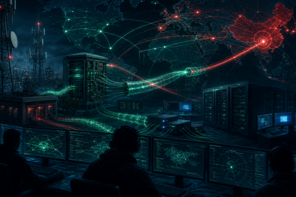 Editorial cybersecurity illustration of telecom network intrusion using Linux and Windows backdoors with defender tracing covert proxy tunnels.