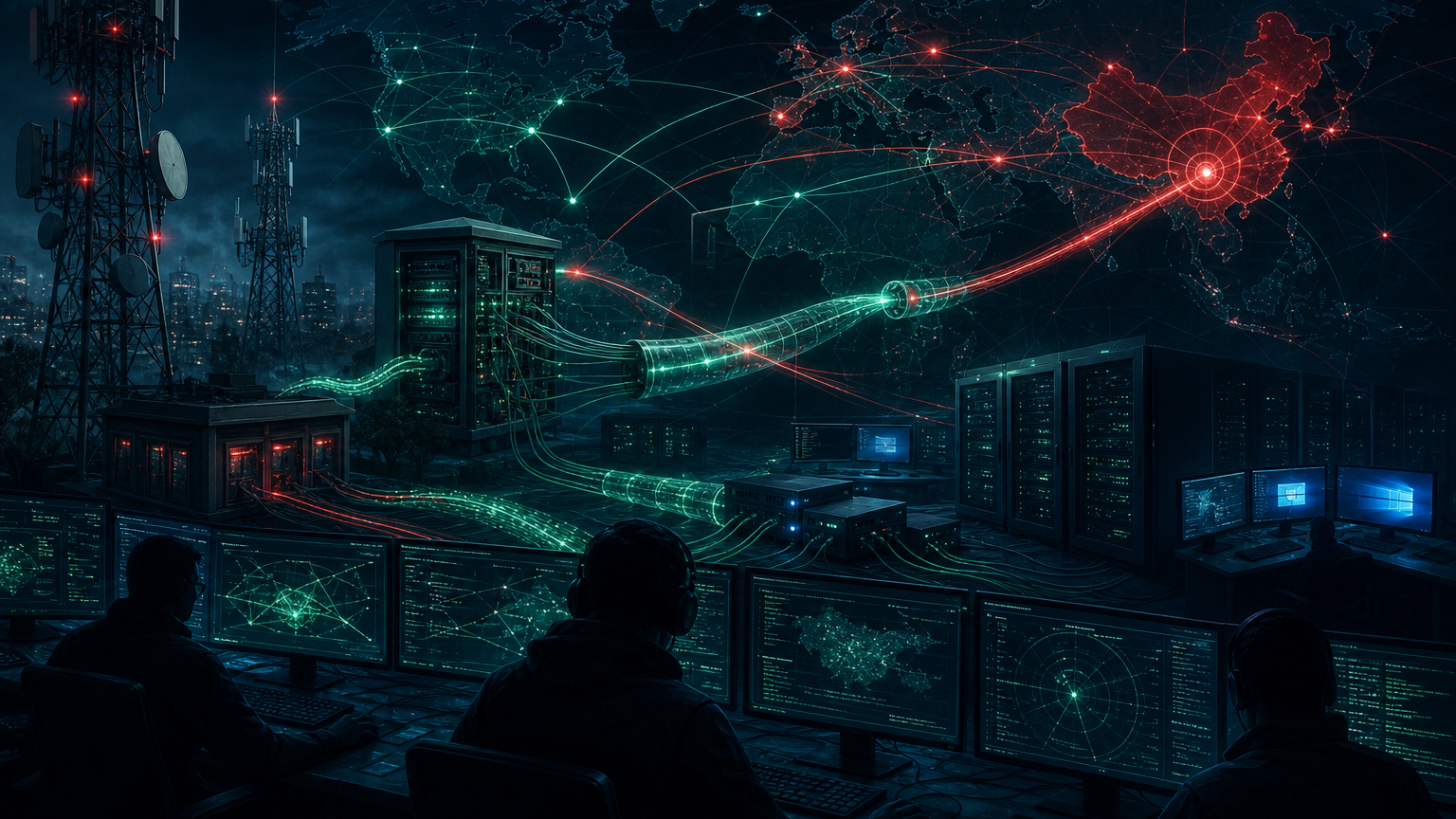 Editorial cybersecurity illustration of telecom network intrusion using Linux and Windows backdoors with defender tracing covert proxy tunnels.