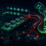 Editorial cybersecurity illustration of an npm supply-chain compromise moving through CI/CD pipelines and cloud credentials.